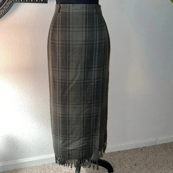 Ralph Lauren Women’s Vintage 80s 90s Olive Plaid Wool Fringe Preppy Skirt 10 - Picture 2 of 16